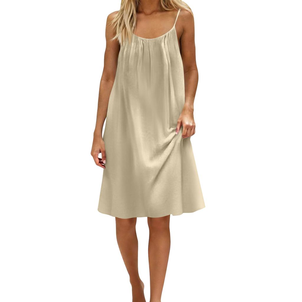 Damen-Rückenfreies Spaghettiträger-Kleid, Ärmelloses Dünn-Träger-Fließendes Strandurlaub-Kurzkleid, Mit Rückenband.