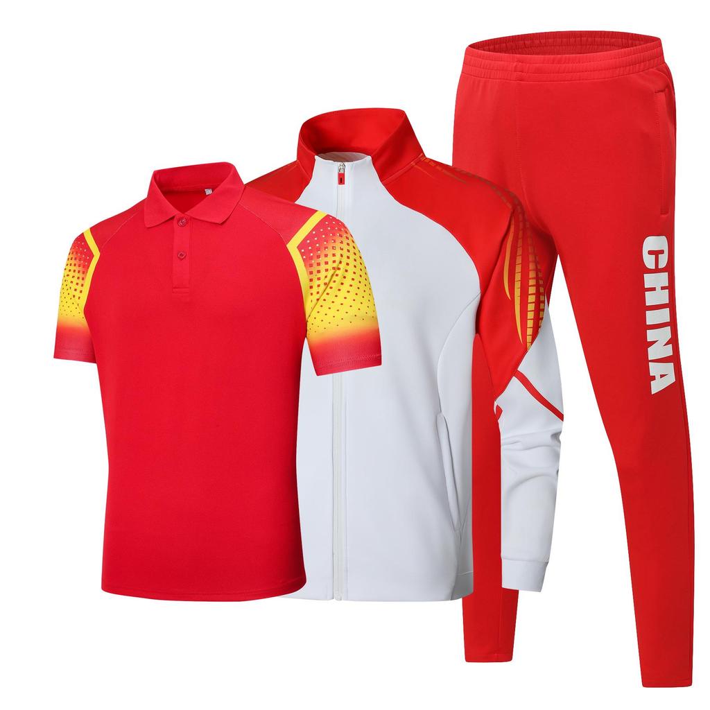 Unisex Chinese Team Casual Sports Three-Piece Set: Short Sleeve Polo, Stand Collar Top, Running Shorts.