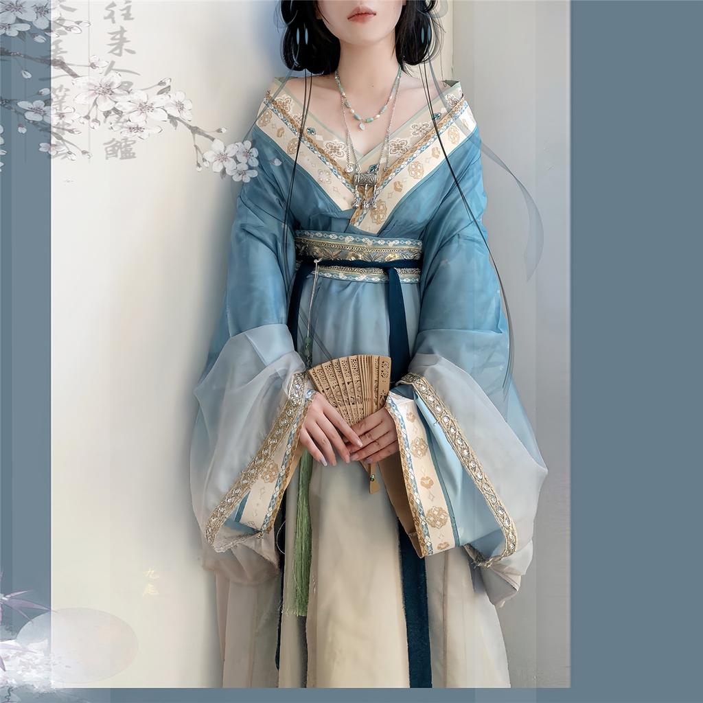 Chinese Wei And Jin Dynasty Style Hanfu For Women Cross-collar Print Daily Improved Suit