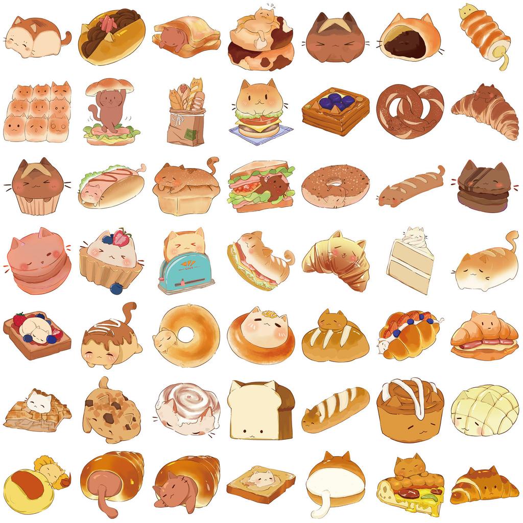 50pcs Bread Cats Dessert Cartoon Graffiti Stickers Phone Guitar Laptop Notebook Suitcase Water Bottles Waterproof Sticker Decals