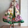 2025 European & American Women's Lantern Sleeve Print Turn-Down Collar Waist-Gathering Long Swing Spring Dress