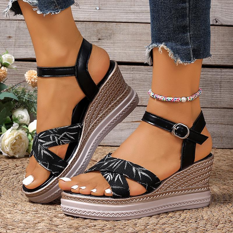Fashion Vintage Print Wedges Sandals for Women Summer Ankle Buckle Platform Sandles Woman Comfort Non Slip Plus Size Casual Sandalias