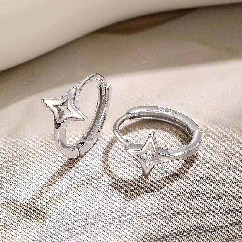 Unisex Stacked Star Hoop Earrings - Japanese & Korean Style, Versatile Daily Wear, Hollow Four-Pointed Star Ear Cuffs