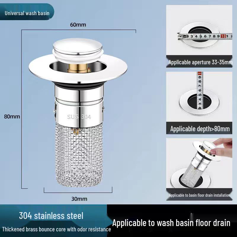 Stainless Steel Pop-up Drain Stopper & Filter for Washbasins - Universal Fit, Anti-Hair Clog Prevention.