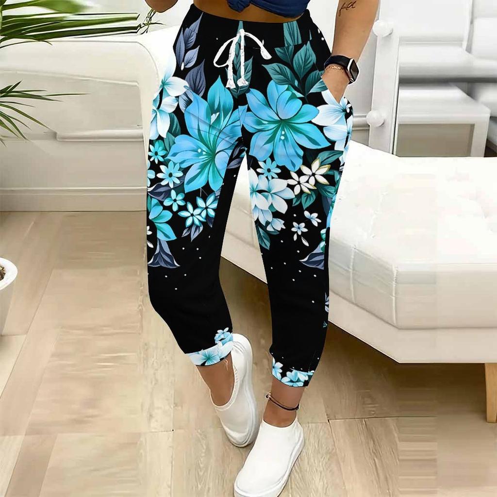 Yazlık Bayan Mürekkep Yıkama Karışımlı Baskılar Baskılı Eşofman Altı Bol Kesim Büzgülü Jogger Pantolonlar Lastikli Manşet Günlük Rahat Pantolonlar
