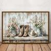 1pc Rustic Cowboy Boots & Hat Canvas Art Print Frameless Country Style Wall Decor with Floral Accents, Perfect for Bedroom, Living Room, Office, Cafe