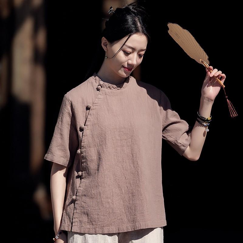 Johnature Koszule damskie w stylu vintage Bluzki Stójka Krótki rękaw Letnie bluzki Jednolity kolor Koszule zapinane na guziki