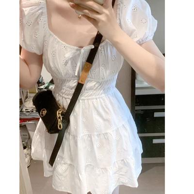 French White Dress Summer Small Girls Fashion Slim Short Skirt Sweet Elegant Fluffy Dress