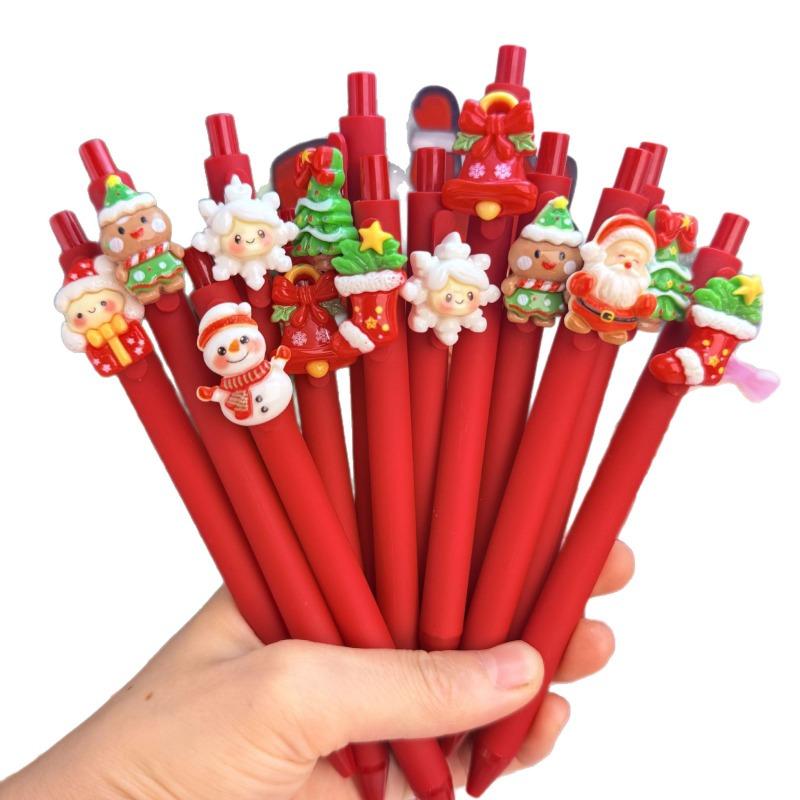 10Pcs Christmas Snowman Patch-Themed Retractable Ballpoint Pens - Red Soft Grip Pens with Random Christmas Designs, Fine Point, Ideal for Students and