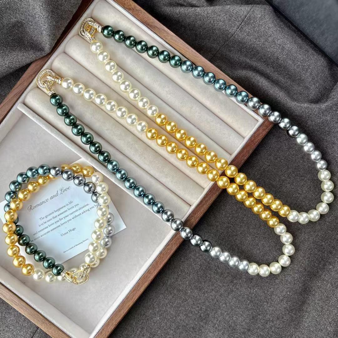 Vintage High Quality Maillard Gradual Change Color High Quality Strong Highlight Imitation Pearl Necklace Collarbone Chain