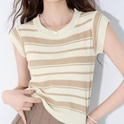Sommerliches Neues Color-Blocked Gestreiftes Kurzarm-Stricktop für Damen, Ärmelloses Tanktop, Kurzärmeliges T-Shirt
