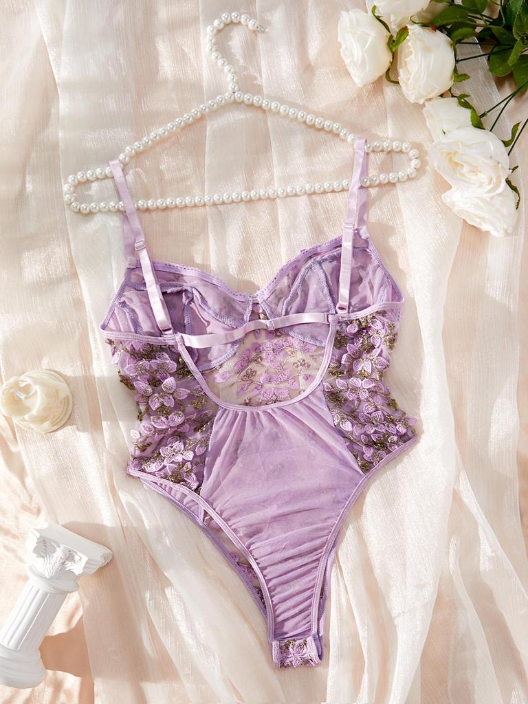 Damers spetsbroderi mesh rygglös body med dragsko i midjan