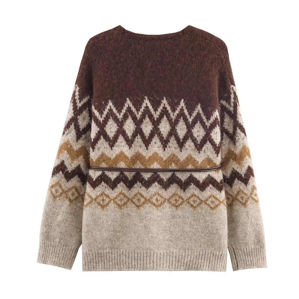 UC&ZA Women's Jacquard Knit Cardigan & Midi Skirt Set with Belt
