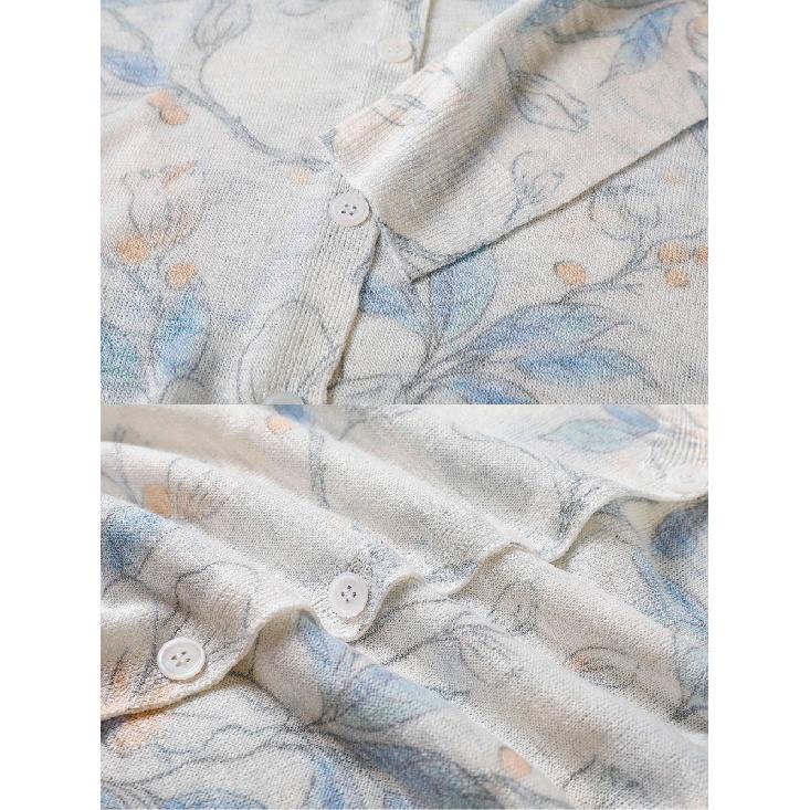 Womens Casual Knit Sweater Long Sleeve V-Neck Floral Print Knitted Cardigan Lightweight Top Spring and Summer