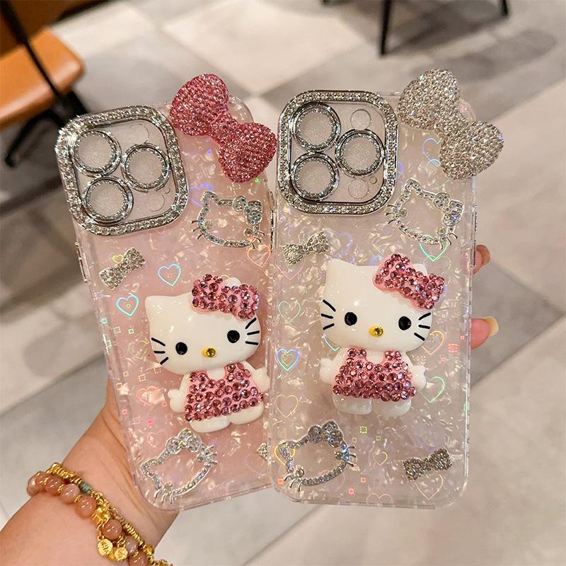 Rhinestone Bow Three-Dimensional Cat Mobile Phone Case For Iphone17Promax All-Inclusive Apple 15 Hard Case Light Luxury