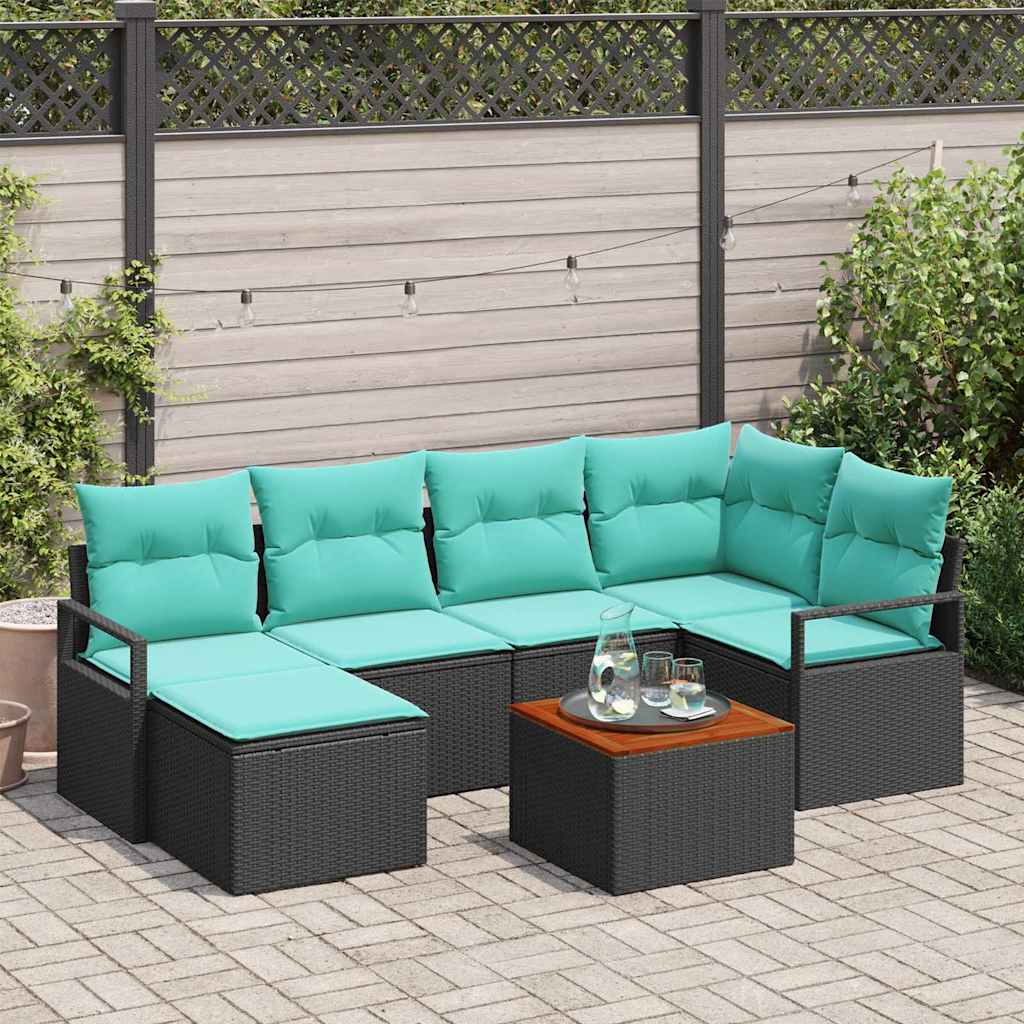 7 Piece Garden Sofa Set with Cushions Black Poly Rattan