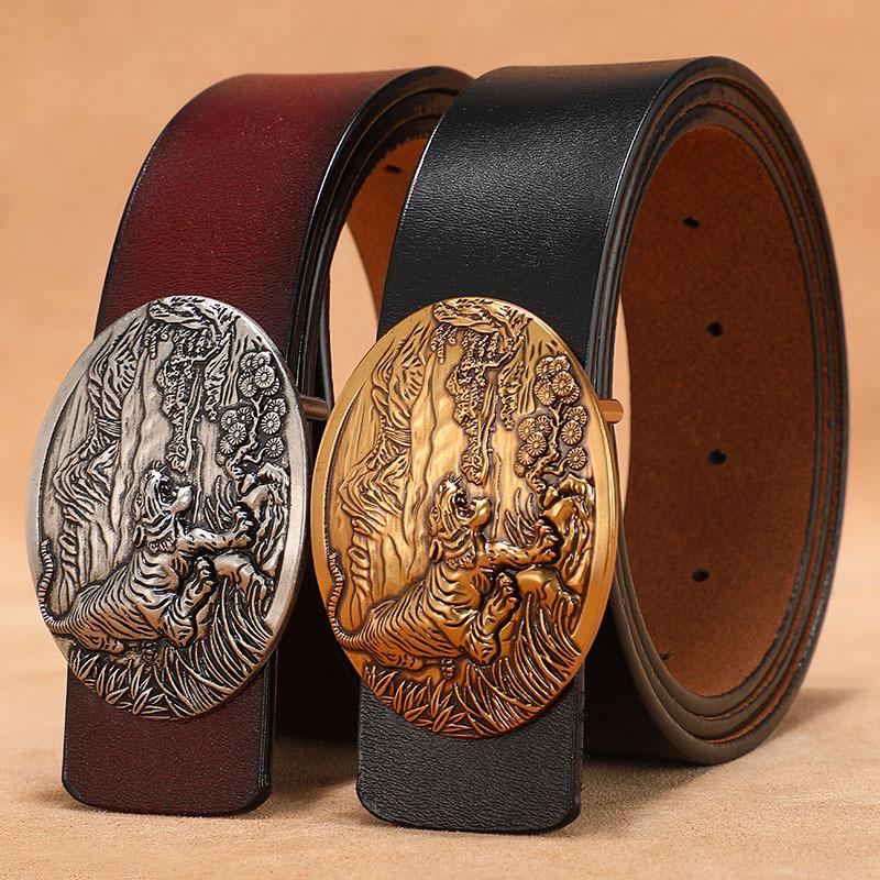 Men's Retro Genuine Cowhide Leather Belt with Smooth Buckle - Extended Large Size for Trendy and Plus-Size Fashion