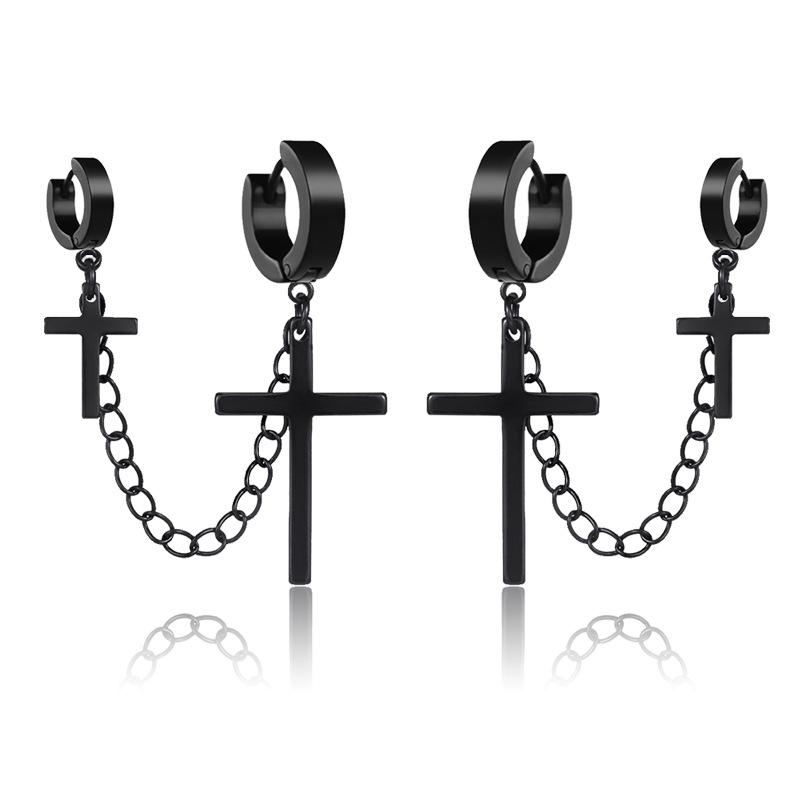 

WKOUD 2023 New Black Punk Stainless Steel Women Men Hoop Earrings Small Trendy Round Cross Pendants Jewelry Accessories Gifts 1 Pair
