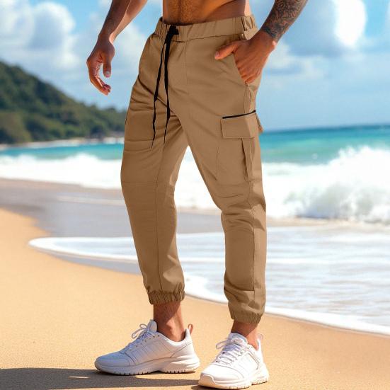 Men Cargo Pants Drawstring Waist Jogger Pants Tapered Casual Trousers with Multi Pockets for Gym Workout Hiking Street Wear