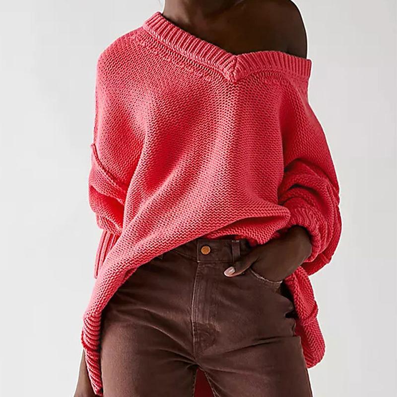 Oversized V-Neck Sweater - Western Style Pullover Knit