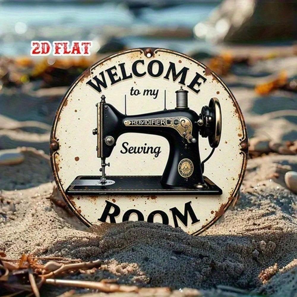 Vintage Round Welcome To My Sewing Room Metal Sign Rustic Wall Art Sewing Machine Design Cute Home Decor