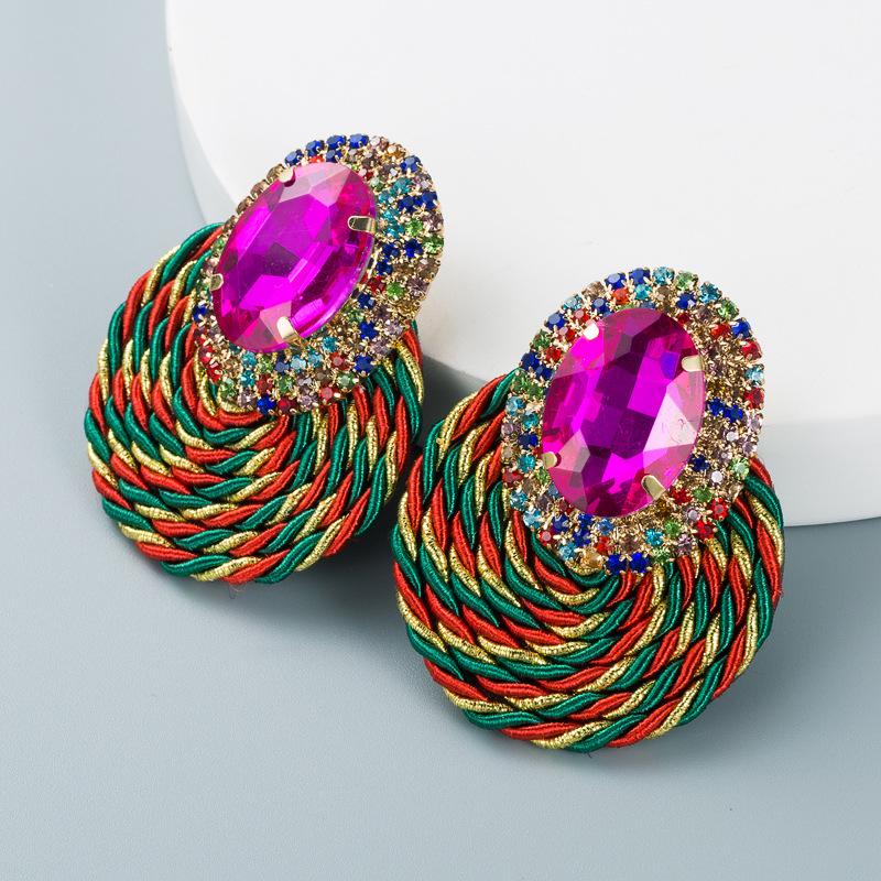 Women's Drop Earrings Color Personality Exaggerate Oval Glass Crystal Handmade Line Weaving Earrings