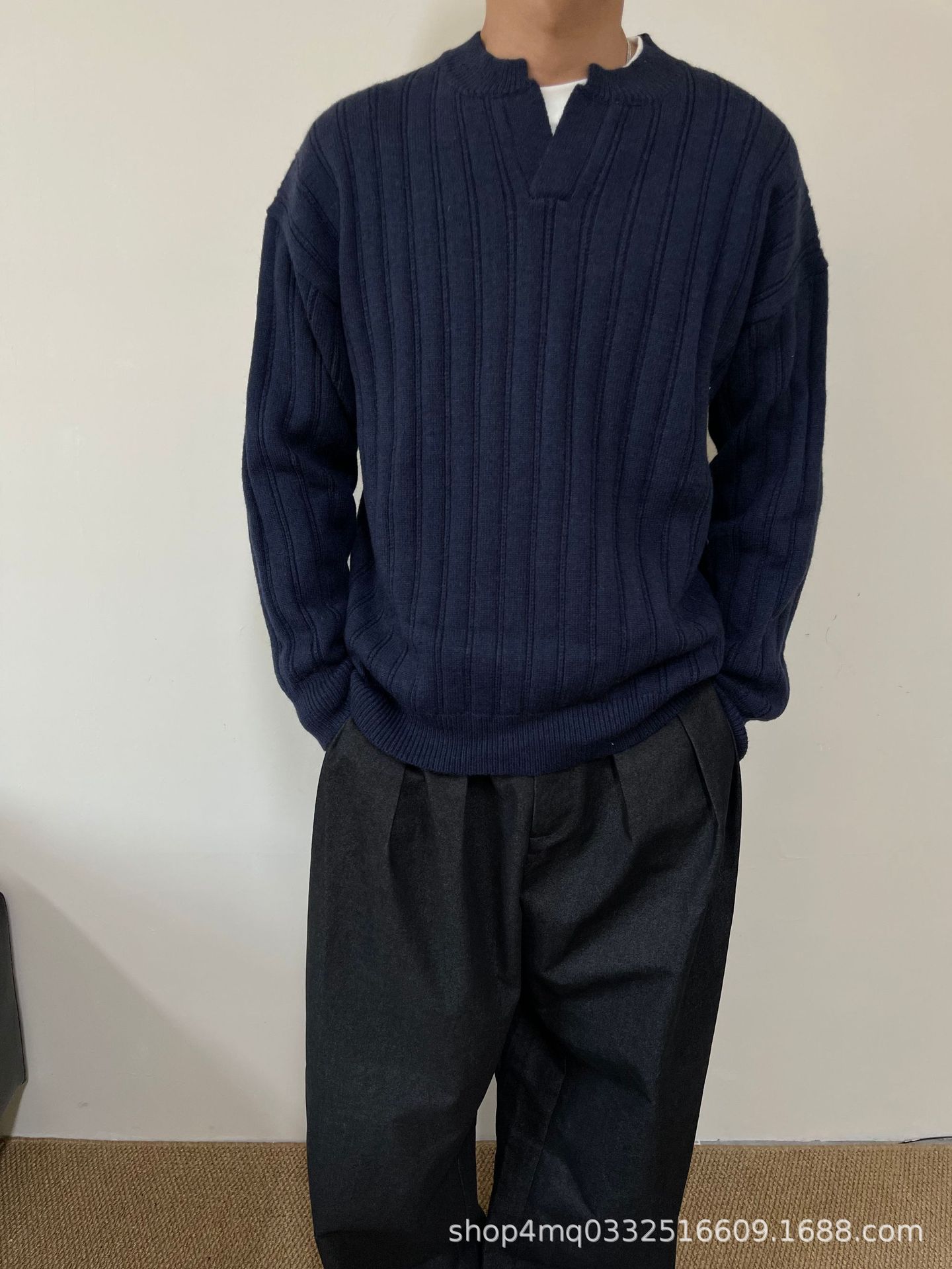 Men s Autumn/Winter Henley Sweater: Loose, Casual, Versatile Korean-Style Knit Pullover with Long Sleeves M
