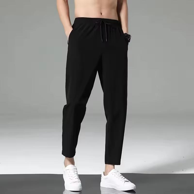 Men's Summer Thin Ice Silk Casual Quick Dry Elastic Pants Breathable Loose Straight Leg Sporty Comfortable Lightweight Trousers
