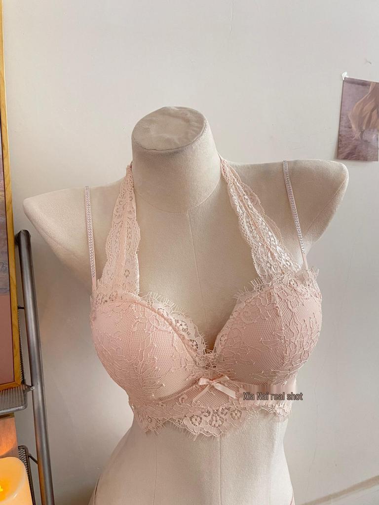French Pure Desire Lingerie Set: Halter Lace Bra & Beautiful Back Anti-Sagging Bra