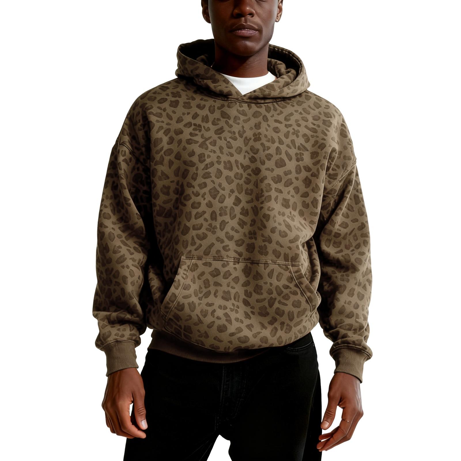 ElongPaoXiao Men's Casual Sports Long-sleeved Hooded Sweatshirt With Leopard Print XL lichtbruine kleur