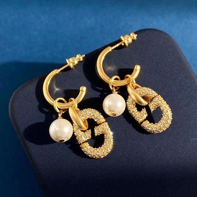 Classic Ear Jewelry Pig Nose Full Diamond Cd Letter Logo Pearl Pendant Earrings Women'S Light Luxury Ins Wind Stud Earrings
