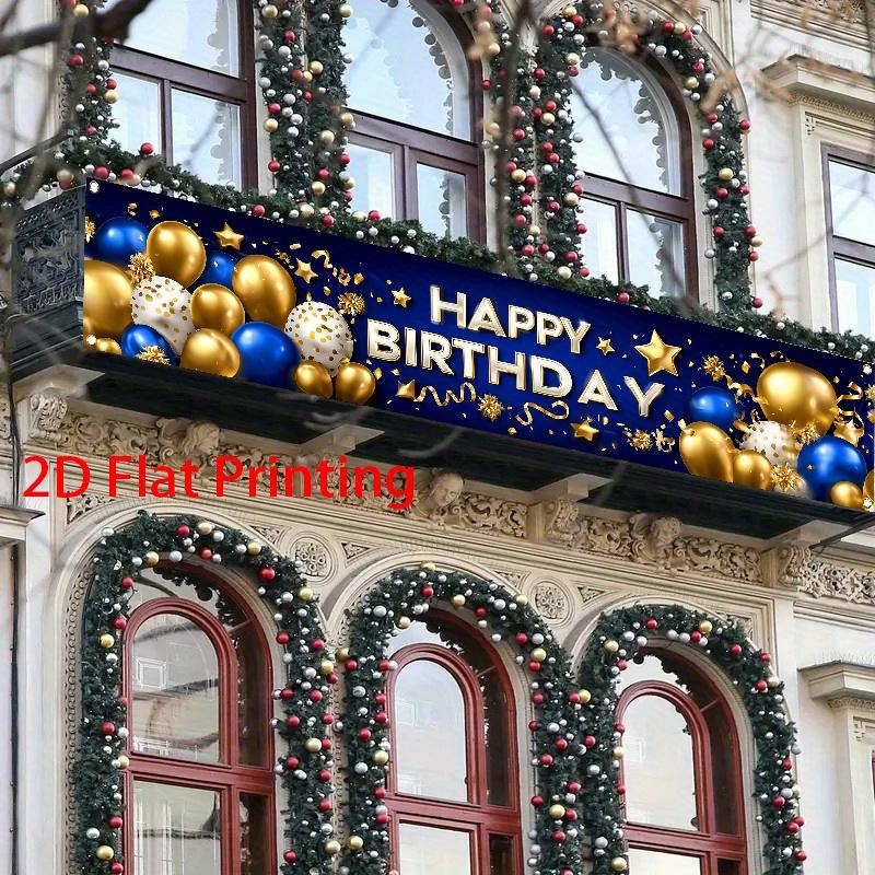 Happy Birthday Fence Banner, Blue Golden & White Balloons Stars Confetti Design, Polyester Outdoor Garden Garage Studio Decoration