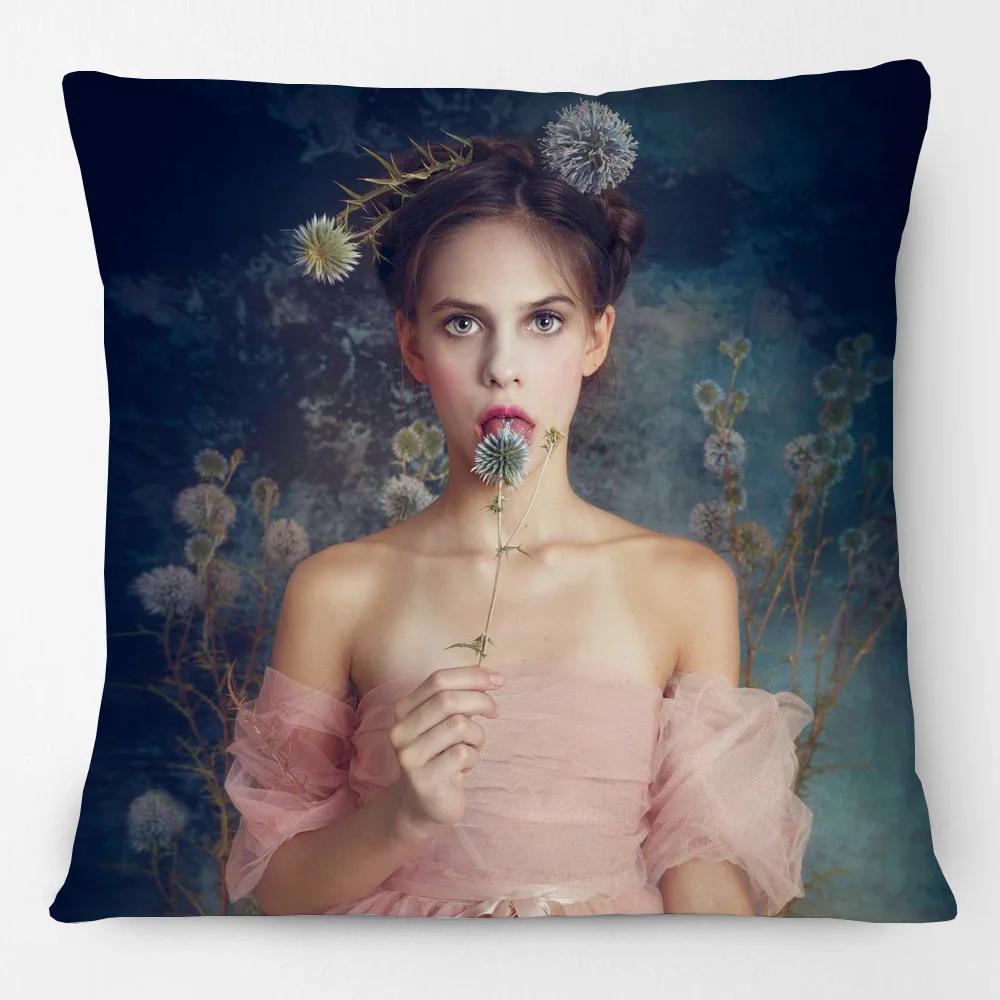 European Flower Painting Rose Dreams Woman Girls Portrait Poster Cushion Cover Birds Dove Home Pillow Case