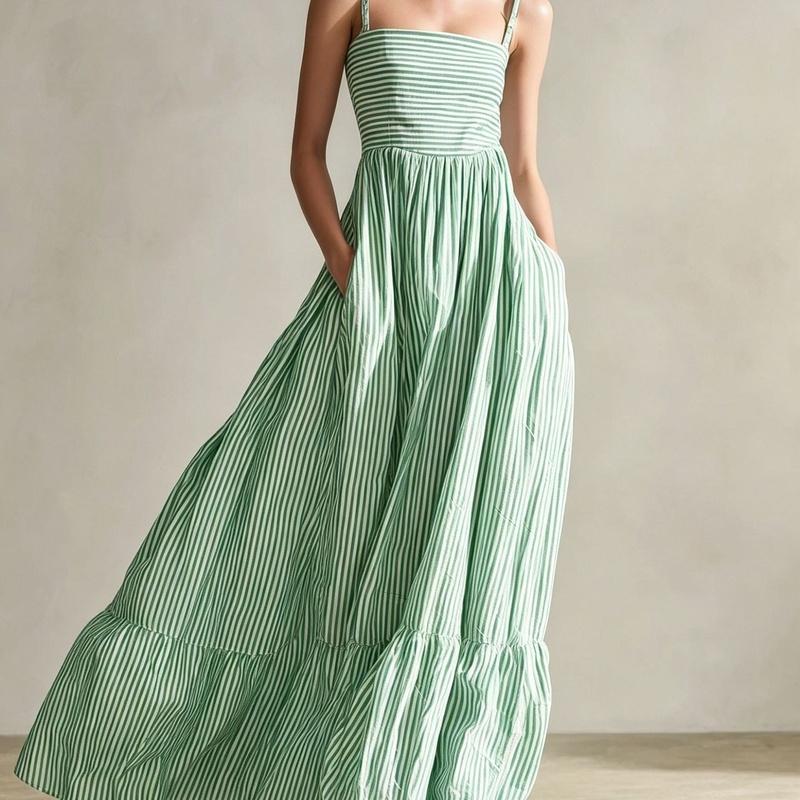 European Style Women Casual Striped Sleeveless Maxi Dress