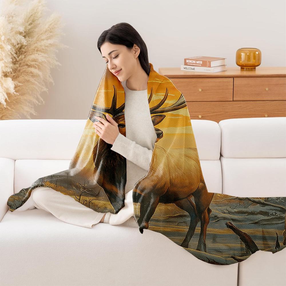 1pc Realistic Deer & Forest Print Flannel Blanket - Heavyweight Plush All-Season Soft Warmth, Machine Washable Luxury Bedspread