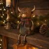 Decorative Figurine for Mantle Christmas Highland Cow Figurine Cute Ornament with Retro Plaid Clothing Farmhouse Holiday Tabletop Shelf And
