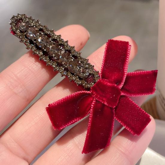 2Pcs Hairpin Velvet Bow Decor Hair Clip with Rhinestones Stable Clamping Force Bangs