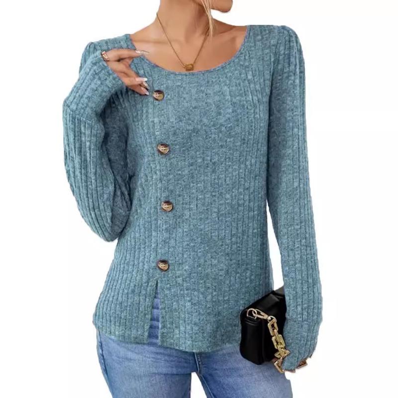Autumn Winter Solid Color Round Neck Button Long Sleeved Loose T-shirt Top for Women Shirt