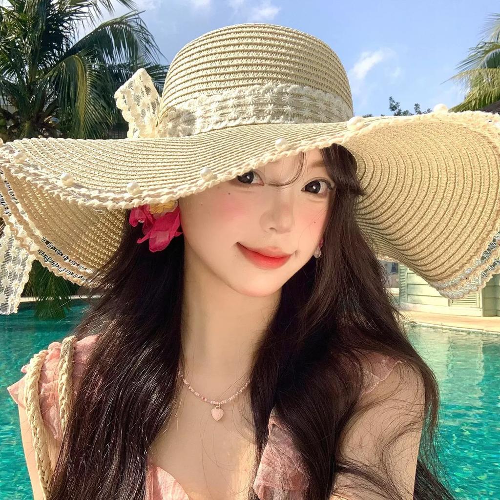 Lace straw hat women's summer bow large brim sunshade sun hat seaside vacation beach sun hat
