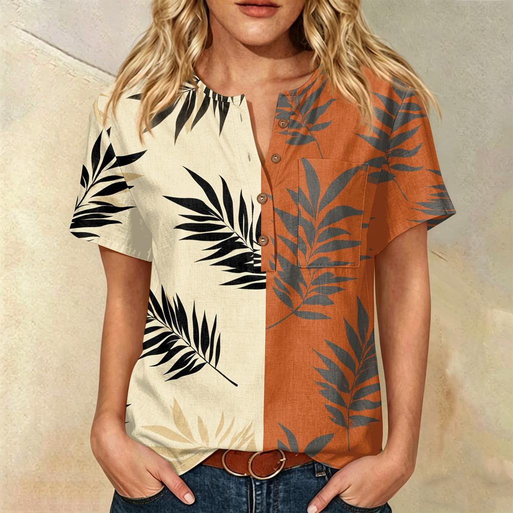 Damen Kurzarm Hemd aus Leinen-Baumwollmischung Henley Knopfleiste Brusttasche Blumendruck Lässiges Sommer Top