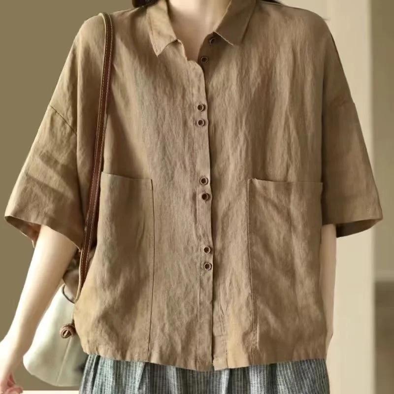 

Простая однотонная женская рубашка из хлопка и льна с коротким рукавом, новый дизайн, свободный крой, повседневный, универсальный топ с карманом XL хаки