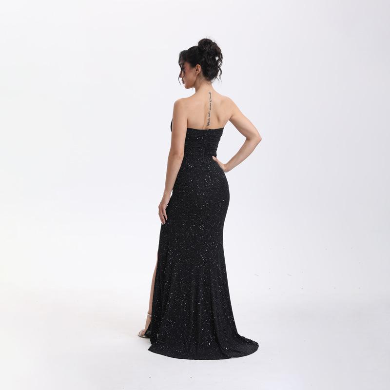 2025 Summer New Product Fashionable and Elegant Solid Color Tube Top, Backless Slim Fit, High Split Fork Fine Flash Hip Dress
