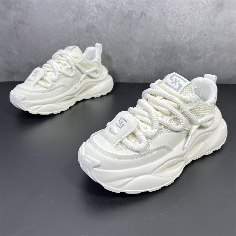 

Кроссовки мужские и женские дизайнерские кроссовки с полой подошвой модные повседневные кожаные сетчатые верхние туфли на увеличенной платформе 38 белый