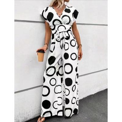 Women's Fashion Elegant Casual V Neck High Waist Printed Wide Leg Belt Jumpsuit