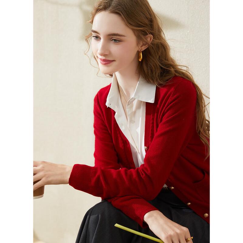 TUHUANG Women's V-Neck 100% Wool Cardigan with Pockets