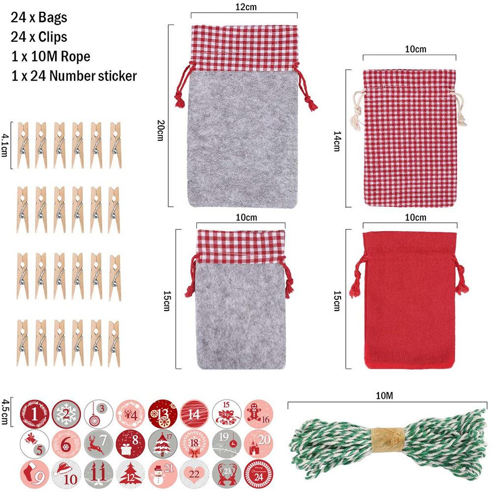 

24 шт. Рождественский набор Мешочек на шнурке 1-24 Рождественский календарь Обратный отсчет Подвесной мешок Упаковка Мешок для хранения подарков 24pcs