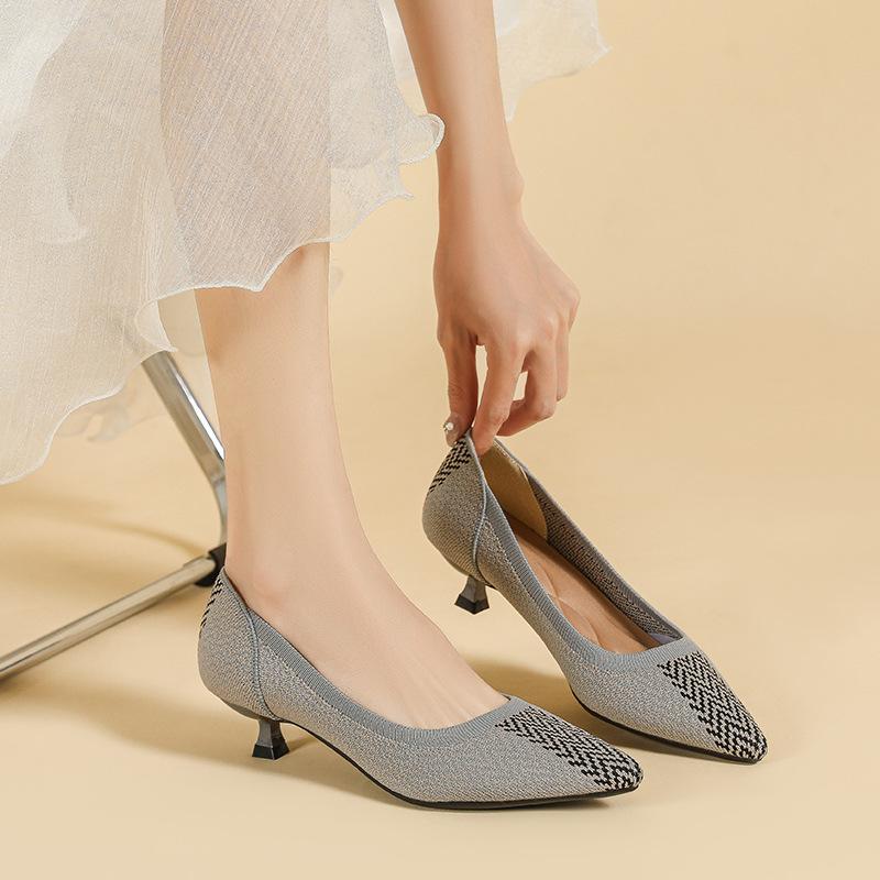 Escarpins à talons aiguilles pour femmes, bout pointu, en tricot, à enfiler, pliables, confortables, décontractées, formelles, habillées, à talons bas, pour la marche, le bureau, le travail, pour femmes