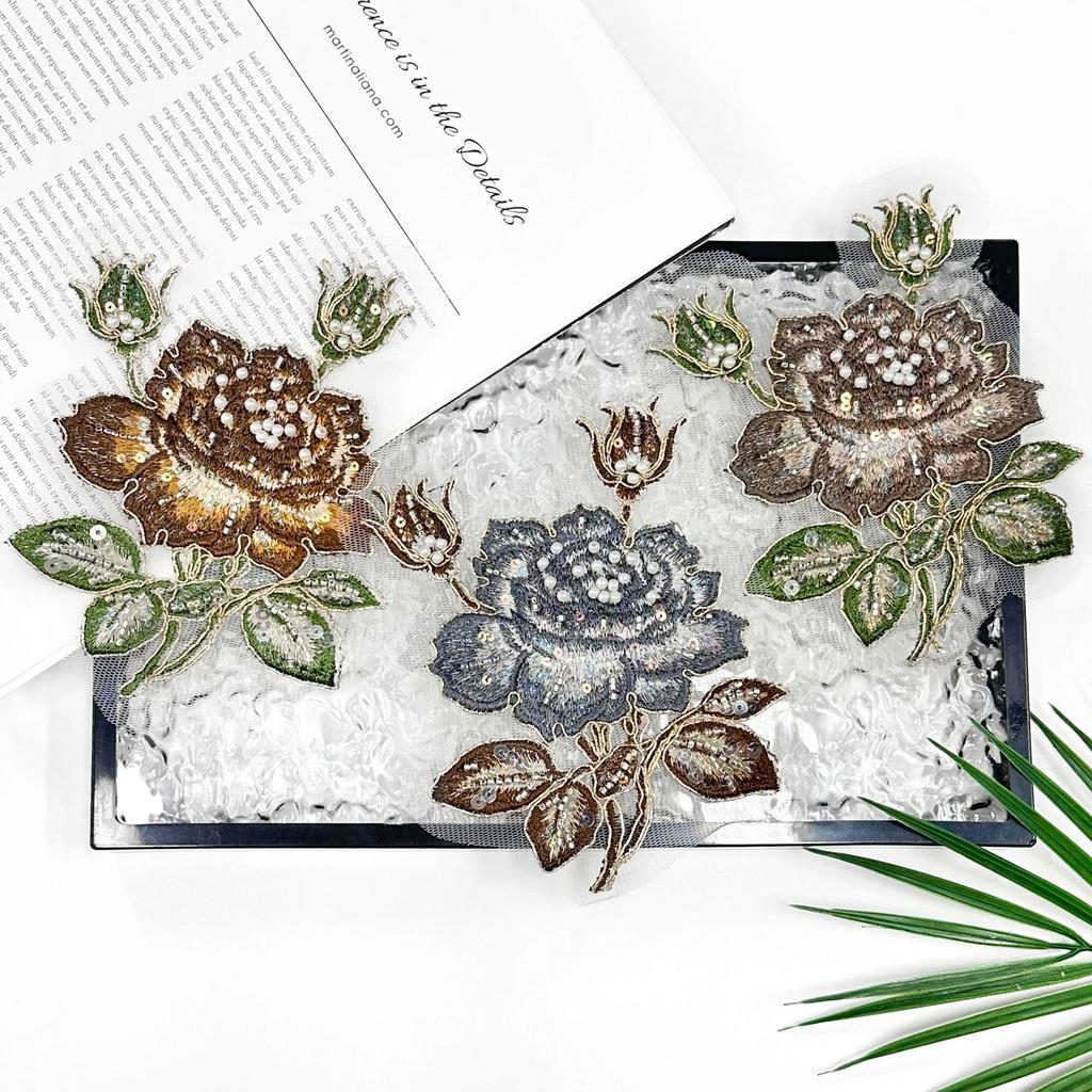 Ethnic Style Handmade Beads Three-Dimensional Embroidery Flower Applique Hanfu Horse Dress Cheongsam Decorative Cloth Sticker Accessories