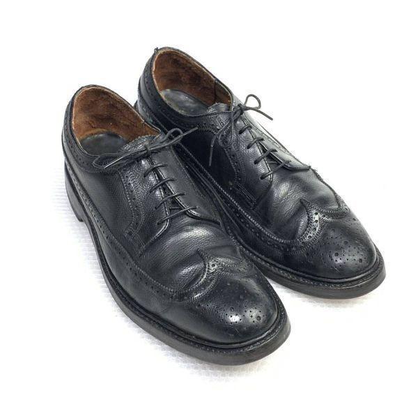 70s 80s Vintage Unknown Brand Size 10B 26.5 27.5cm Long Wingtip American Brogue Black(USED)