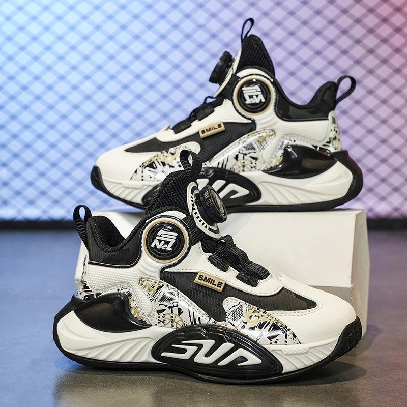 2025 spot leather button basketball shoes children's outdoor versatile dad shoes non-slip thick-soled breathable running shoes